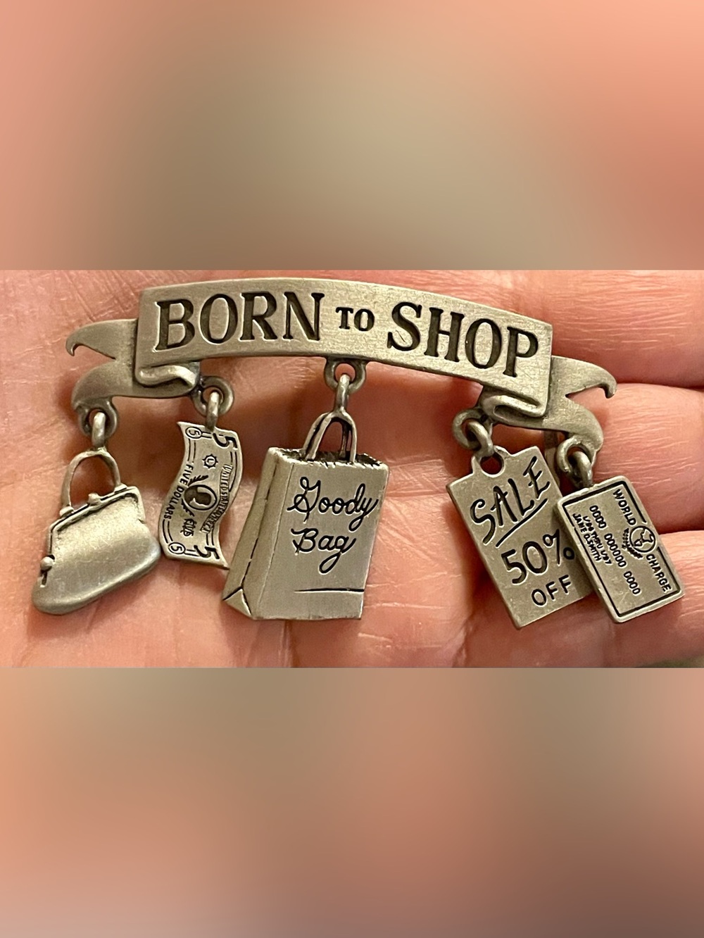 Vintage Silver Tone JJ Born To Shop Brooch